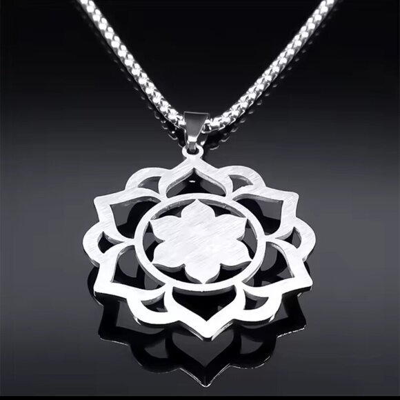 Spiritual Lotus Pendant Necklace with Moonstone - Stainless Steel 20" #1533 - Picture 4 of 4